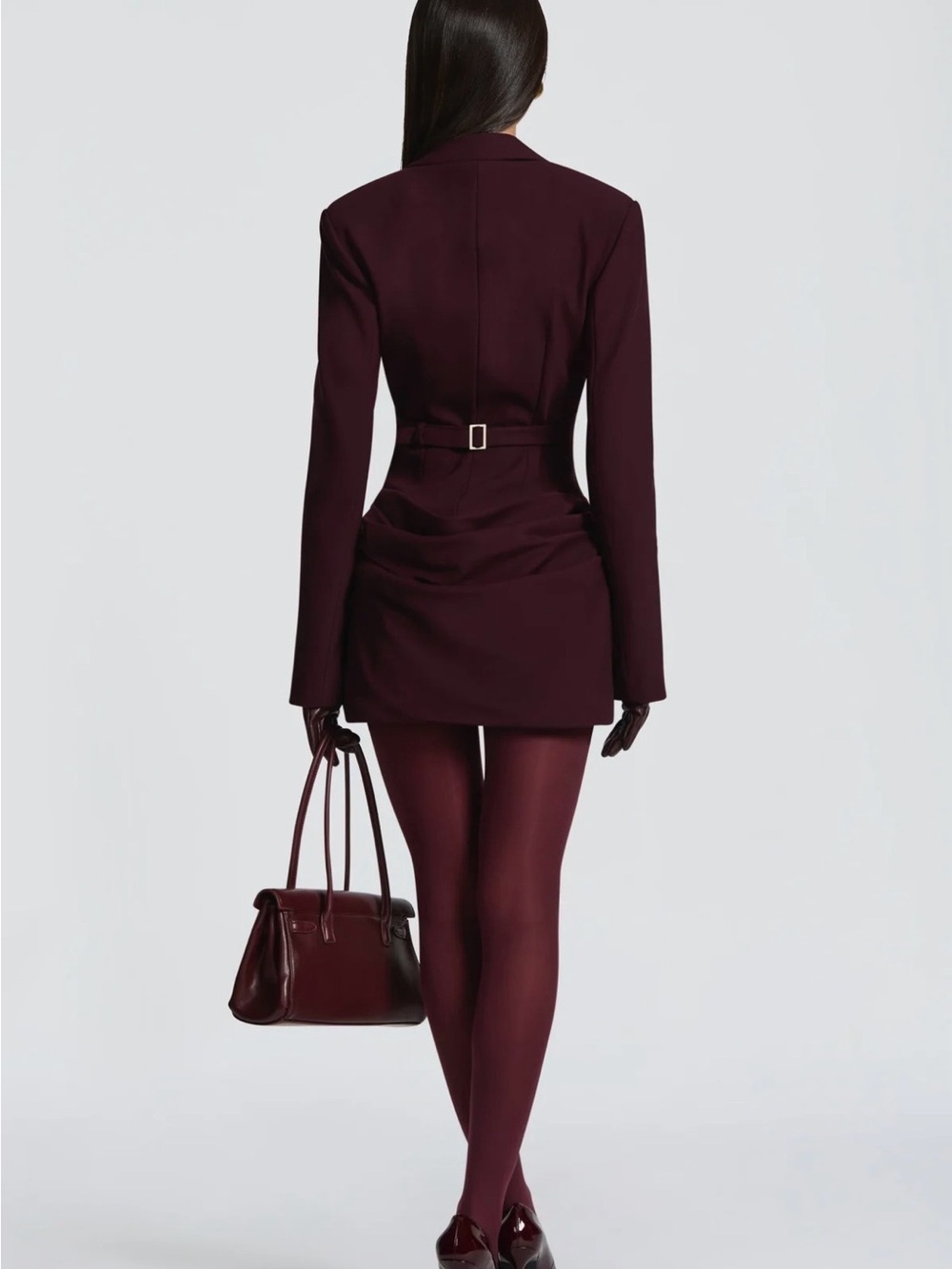 Plunge Blazer Mini Dress in Deep Burgundy - Picture 2 of 5